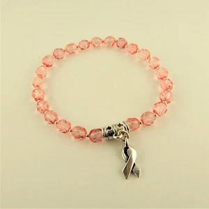 Stretch Pink Czech Glass beaded Breast Cancer Awareness bracelet - Picture 1 of 4