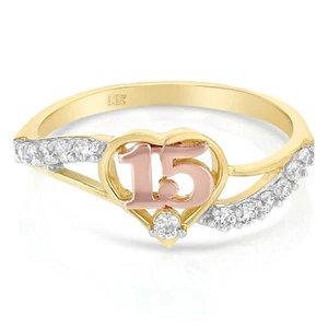 14K Two Tone Solid Gold 15 Anos 15 Years Birthday CZ Heart Quinceanera Ring - Picture 1 of 5