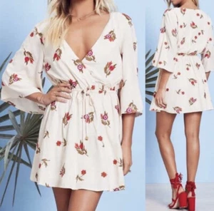 Lovers+Friends Embroidered Floral Mini Dress Size M Flare Sleeve Beige Red - Picture 1 of 8