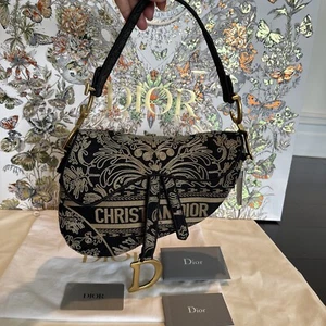DIOR Saddle Bag Black & Beige embroidered SADDLE BAG New w/Tag - Picture 1 of 24