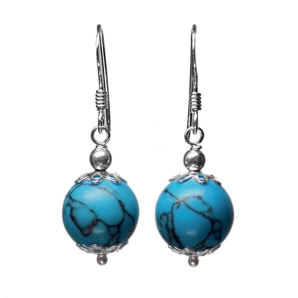 10mm HOWLITE TURQUOISE BEAD / BALL 925 STERLING SILVER DROP  / DANGLE EARRINGS - Image 1 of 1