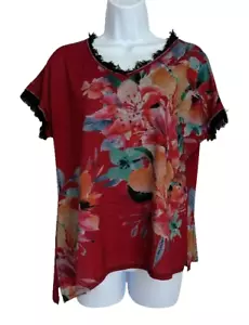 B.L.E.U. kurzärmliges Damen-T-Shirt Oberteil Größe L rot mehrfarbig Blumenmuster A-2 - Bild 1 von 10