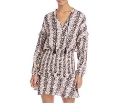 Aqua Womens Long Sleeve Snake Print Smocked Pink Mini Dress Size XS - Image 1 of 4