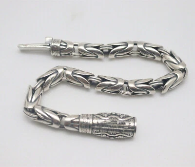 Solid 925 Sterling Silver Chain Men Vajra Pestle Byzantine Bracelet 40-41g/7.4in - Image 1 of 4
