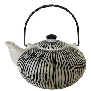Pier 1 Imports Tea Pot Akina Black White Striped Hand Painted Statement Piece - Picture 1 of 15