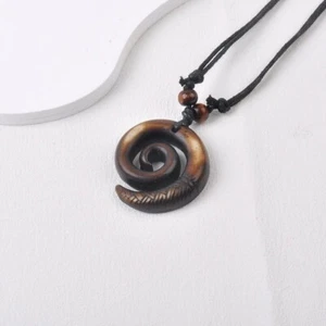Tribal Necklace Wood Spiral Pendant Choker Long Black Cord - Picture 1 of 5