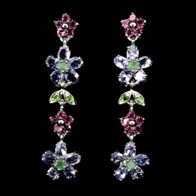 Tansanit Rhodolit Smaragd Chromdiopsid Ohrringe 925 Silber 585 weißvergoldet - Bild 1 von 2