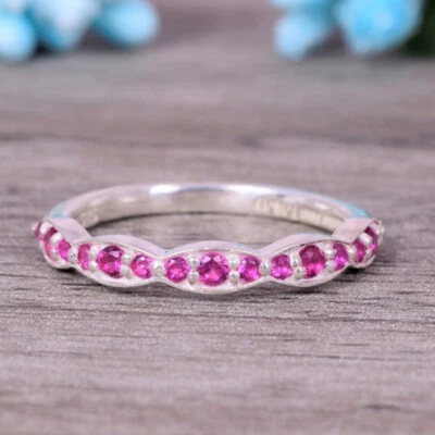 14K White Gold Finish 1 Ct Round Cut Diamond Half Eternity Wedding Band Ring - Image 1 of 4