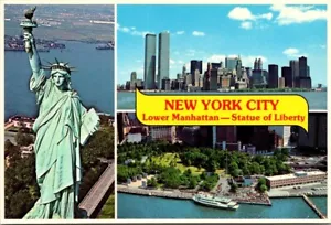 Lower Manhattan New York Yellow Banner Statue of Liberty, Twin Towers Postcard - Picture 1 of 2