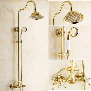 Gold Plated Bathroom Rainfall Shower Faucet Round 8" Shower Head Hand Spray Set - Picture 1 of 5