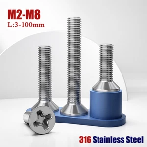 M2/M2.5...-M8 Phillips Countersunk Screw Flat Head Bolts 316 Stainless Steel  - Picture 1 of 116