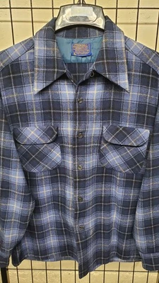 Vtg 60's 70's Pendleton Wool Flannel Board Shirt Sz L Loop Collar Blue Plaid USA - Image 1 of 4