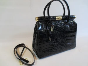80-90er? große Tasche Handtasche Echt-Leder "Kroko" Lack schwarz Schlüssel /5 - Bild 1 von 10