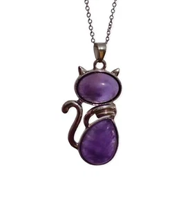 Collana ciondolo pendente gatto vere ametiste con GARANZIA argento 925 NUOVA - Foto 1 di 5