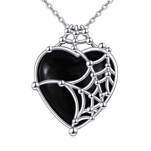 Spider Web Necklace Black Witch Heart Pendant Sterling Silver Black Onyx Neck... - Picture 1 of 7