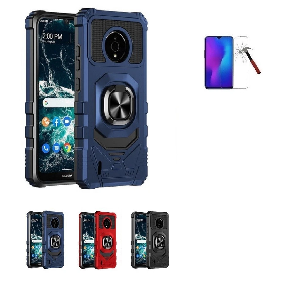For Nokia C200, Ring Stand Tough Hybrid Case Cover + Tempered Glass - Image 1 of 1