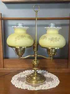 Vintage Brass Double Arm Victorian Student Lamp w/Yellow Glass Ruffled Shades - Picture 1 of 16