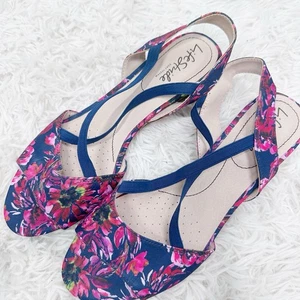 LifeStride Floral Wedge Womens Navy Multi Open Toe Cork Sandals Sz 8.5 Wide - Picture 1 of 6