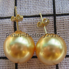 AAA 14mm natural south sea Gold shell pearl earrings 14k