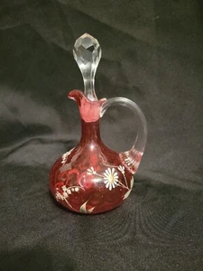 ANTIQUE HAND PAINTED FLOWERS, CRANBERRY CRUET AND STOPPER - Picture 1 of 16