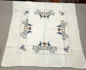 Vintage Kreuzstich Chinesischer Pfau Leinen Mittagessen Tischdecke & 4 Servietten 34" x 35" - Bild 1 von 8