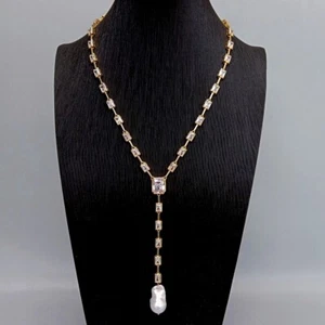 Rectangle Cut Clear Cubic Zirconia Cultured White Keshi Pearl Women Necklace - Picture 1 of 6