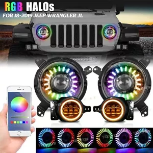 RGB LED Headlights Fog Light + 9'' Bracket for Jeep Wrangler JL Gladiator JT 18+ - Picture 1 of 12