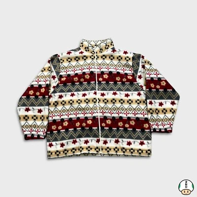 Vintage Alfred Dunner Fleece Mens Large White Floral Sweater Full Zip 90s Jacket - Image 1 of 4