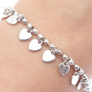925 Sterling Silver Vintage Italy Heart Charms Ball Beaded Link Bracelet 6.75" - Picture 1 of 8