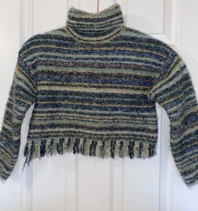 Zara Girls Wool Blend Striped Turtleneck Sweater Fuzzy Fringe Kids Size 8/9 L/S - Picture 1 of 8
