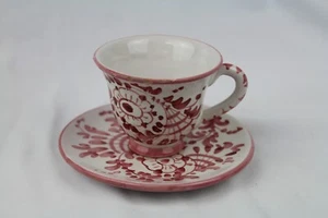 Antique Red and White Hand Painted Ceramic Italian Teacup And Saucer, Italy - Picture 1 of 14