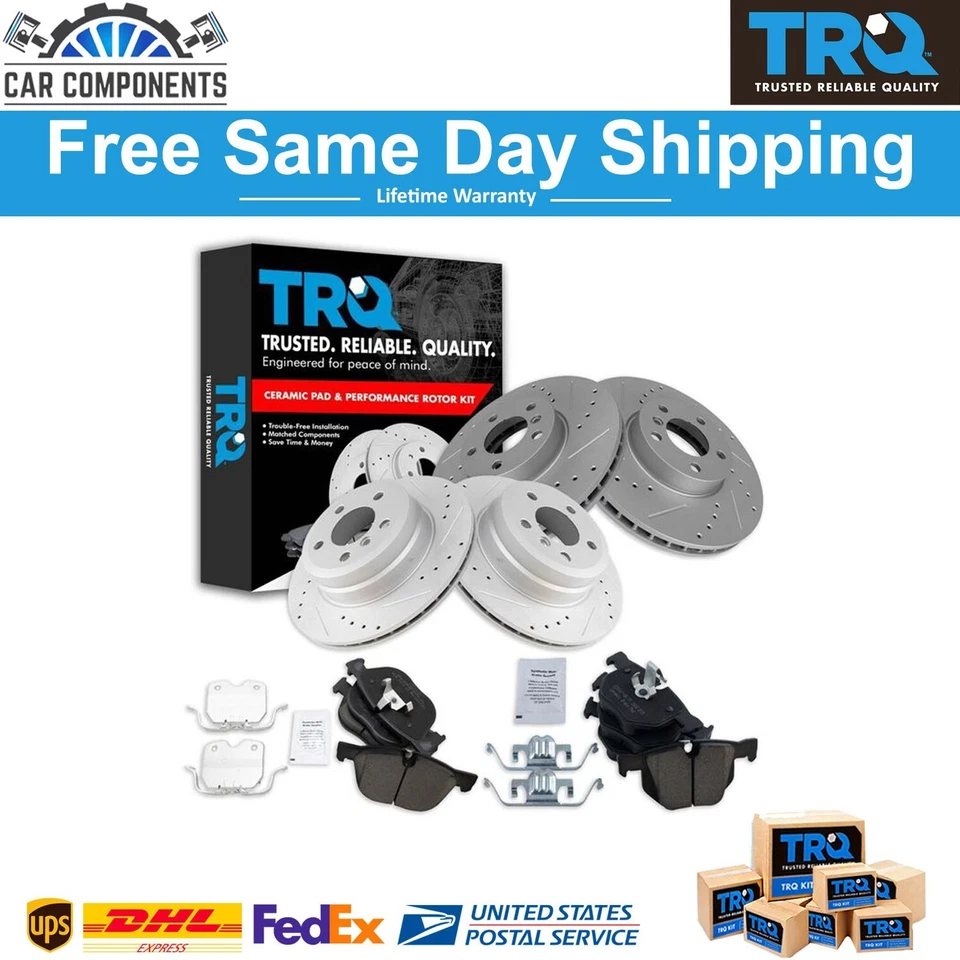 Kit de pastilhas de freio dianteiro e traseiro TRQ e rotores perfurados compatível com 2007-2018 BMW X5 11-18 X6 - Imagem 1 de 4