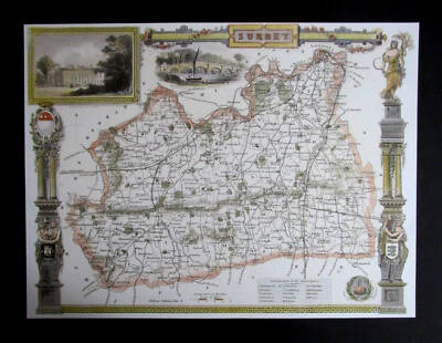 12.5" x 9.4"  REPRODUCTION OF AN 1830 ANTIQUE THOMAS MOULE COUNTY MAP OF  SURREY - Image 1 of 3