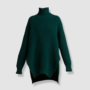 $1290 Jil Sander Women Green Oversized Wool Rib Turtleneck Sweater Sz DE34/ US4
