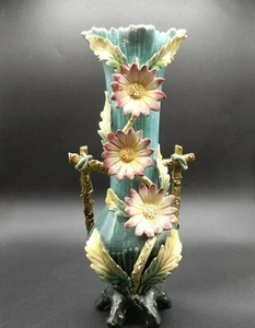 Vintage Majolica Floral 12" Vase Teal w/ Applied Flowers Handles Footed      S3a - Picture 1 of 10