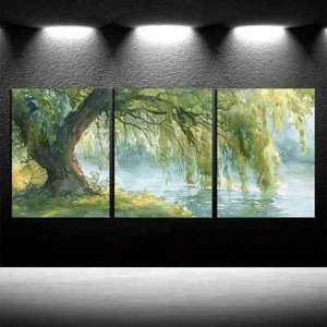3pcs Willow Tree & Lake Oil Painting Canvas Unframed - Picture 1 of 9
