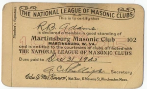 Masonic Club 1925 Martinsburg WV membership card s1 - Picture 1 of 4