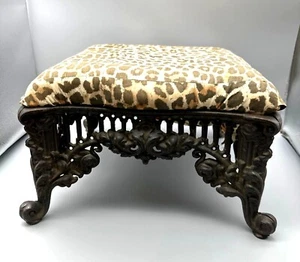Vintage Cast Iron Footstool With Leopard Print Upholstery Ornate Claw Leg 12.5" - Picture 1 of 10