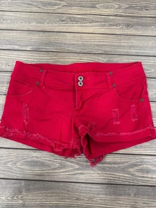 Pantaloncini denim rosso invecchiato di Blue Asphalt taglia 9 con orlo sfilacciato e doppio culo - Foto 1 di 5