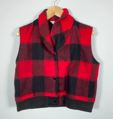 Colete de lã Woolrich anos 80 feminino grande vermelho preto búfalo xadrez botão de pressão etiqueta EUA - Imagem 1 de 4