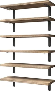 Wood Floating Shelves Set of 6 Rustic Brown Decore For Study Bedroom Bathroom - Picture 1 of 4