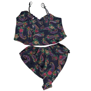 Vtg 90's Victorias Secret Small Navy Floral Paisley Cami & Flutter Panty PJ Set - Picture 1 of 8