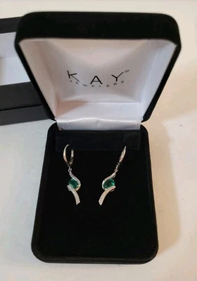 Kays Jewelry Sterling Silver Lab Created Emerald Dangle Earrings MAY Birthstone  - Image 1 of 4