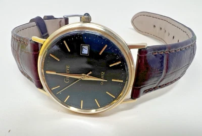 Geneve 14k Solid Gold Watch 33mm With Brown Leather Band Not Running AS-IS - Image 1 of 4