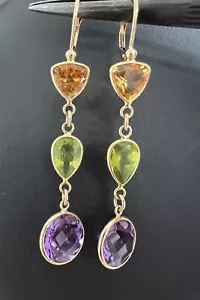 Orecchini Pendenti a Goccia Citrino Oro Giallo 14K Naturali 9,5CT Ametista Peridoto NUOVI - Foto 1 di 11