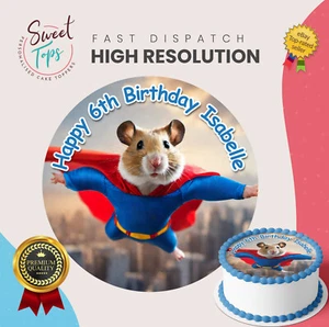 SUPER HERO HAMSTER PERSONALISED ROUND EDIBLE BIRTHDAY CAKE TOPPER DECORATION - Picture 1 of 1