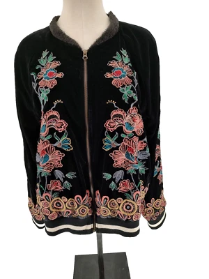 Chaqueta Bomber Elevenses Mujer Terciopelo Negro Bordado Talla XL Forrada Cuentas Cremallera Foto 1 de 4