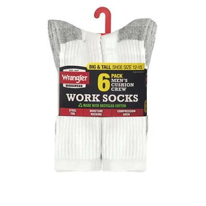 Wrangler Men's 6 Pack Cushion Crew Work Socks Big & Tall Size 12-15 White NEW - Picture 1 of 9