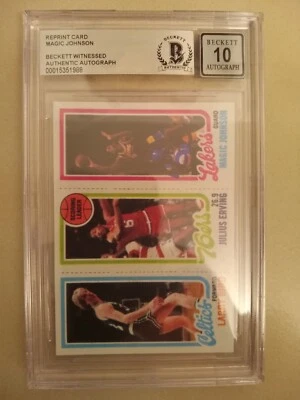 1980-81 Topps Reprint Bird Rc/Erving/Magic Johnson AUTHENTIC AUTO *BECKETT* 10! - Image 1 of 3
