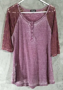 Cowgirl Hardware Thermo Henley Damen XL kastanienbraun Waffelstrick Spitzenärmel Freizeit - Bild 1 von 8